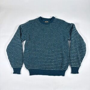 Vintage Alps Sweater Mens Medium Teal Blue Birdseye Wool Blend Crewneck Retro